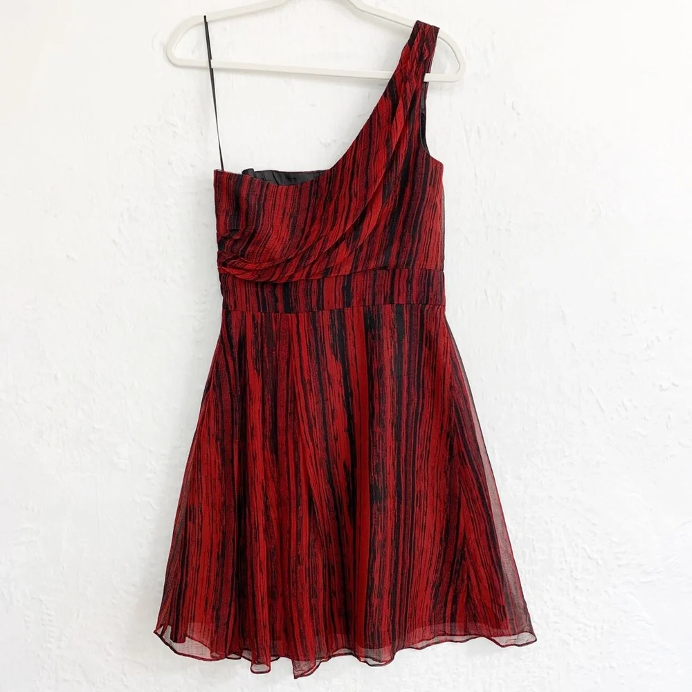 Hutch One Shoulder Silk Red & Black Abstract Cocktail Dress Sz 8